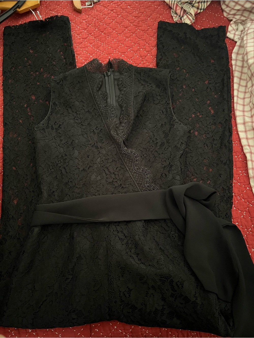 đĽ°NEW Sexy V neck black Lace jumpsuit W sash ďźinserted shorts Straight legs
